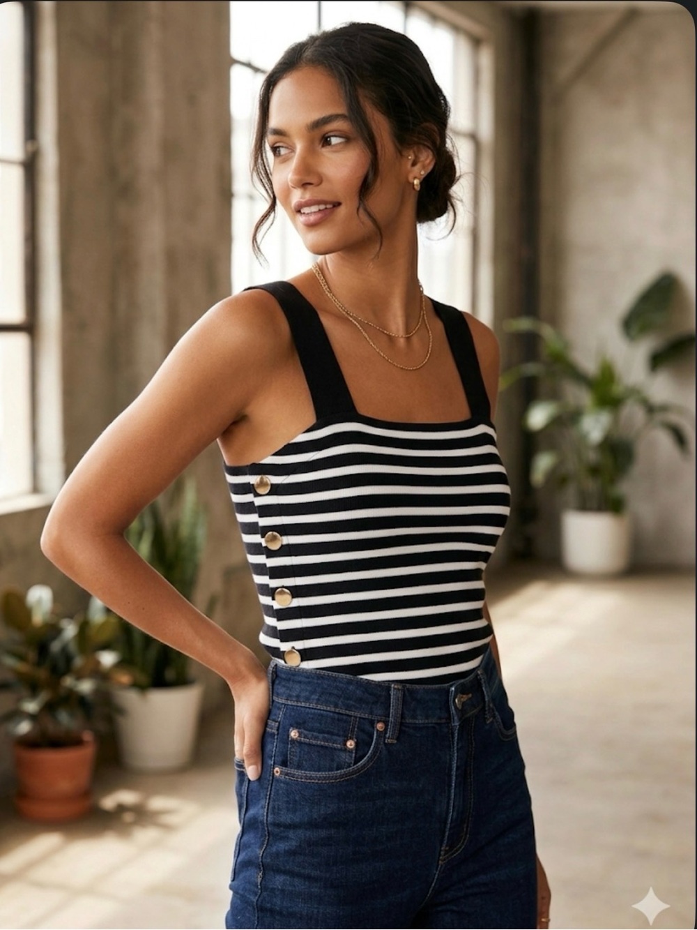 Ann Taylor Black & White Striped Square-Neck Tank with Gold Buttons